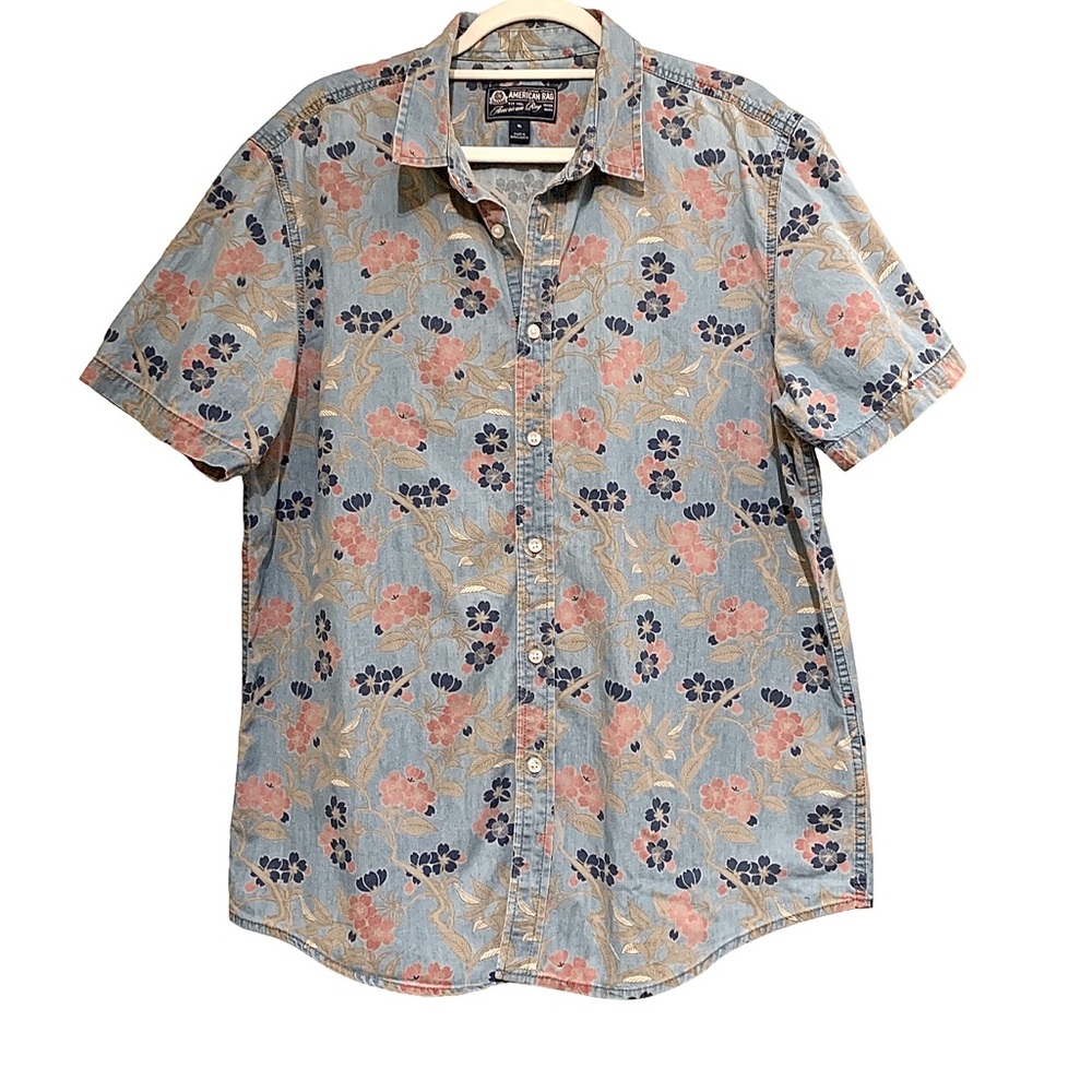 American Rag Shirt Mens XL Short Sleeve Button Up Floral Hawaiian Cotton Blue